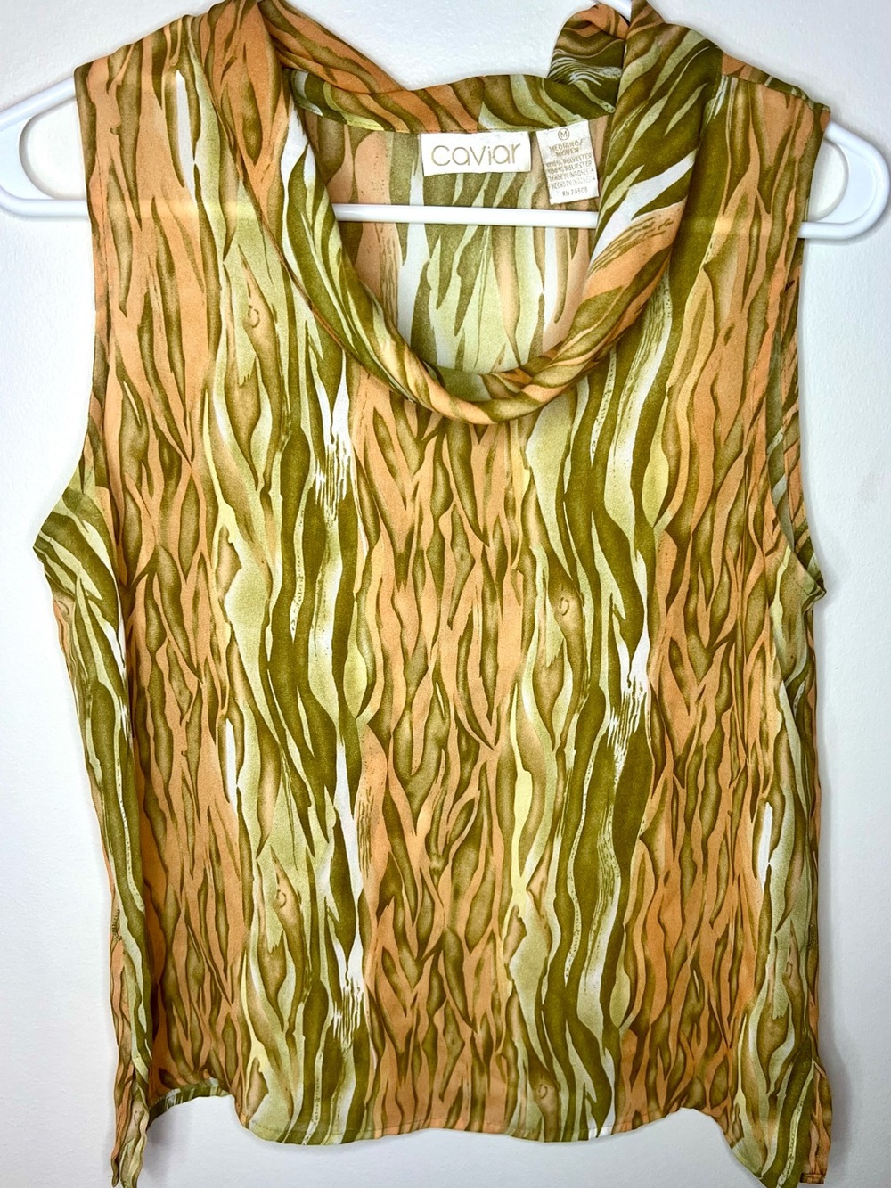 Vintage Caviar Cowl Neck Sleeveless Top Orange Olive Abstract Print Medium